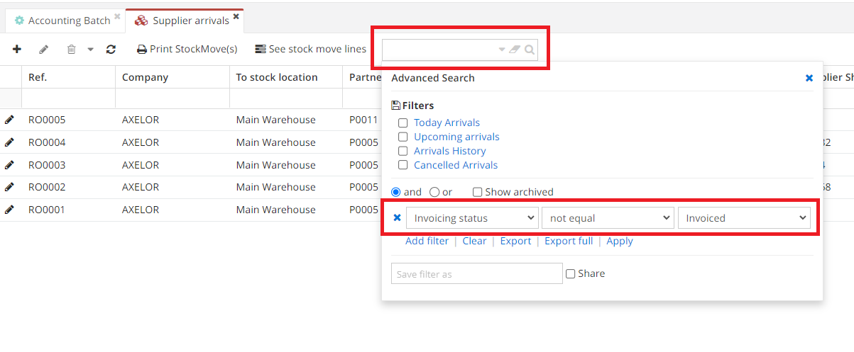 1.7. Advanced Search on the Supplier Arrivals page.